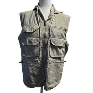 Vintage Banana Republic Safari Vest 100% Cotton Packable Hood Zip Utility Size S